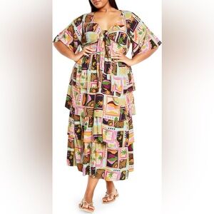 City Chic Ana Tie Front Tiered Midi Dress size Medium